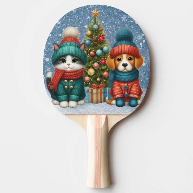Cute Christmas puppy & kitten Ping Pong Paddle (Front)