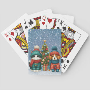 Cute Christmas puppy & kitten Playing Cards