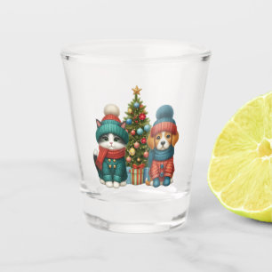 Cute Christmas puppy & kitten Shot Glass