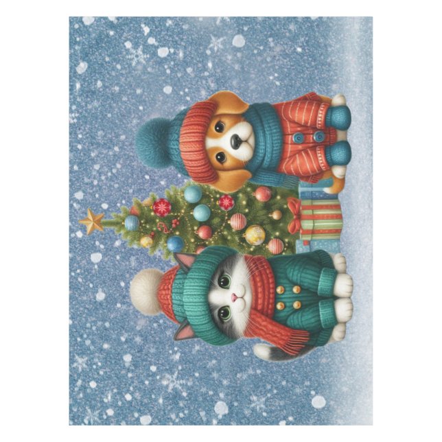 Cute Christmas puppy & kitten Tablecloth (Front)