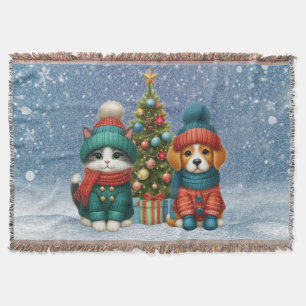 Cute Christmas puppy & kitten Throw Blanket
