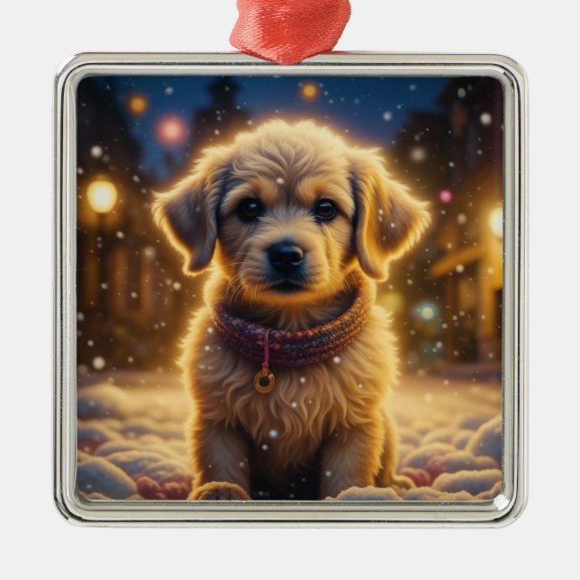 Cute Christmas Puppy on a Snowy Night Metal Ornament (Front)