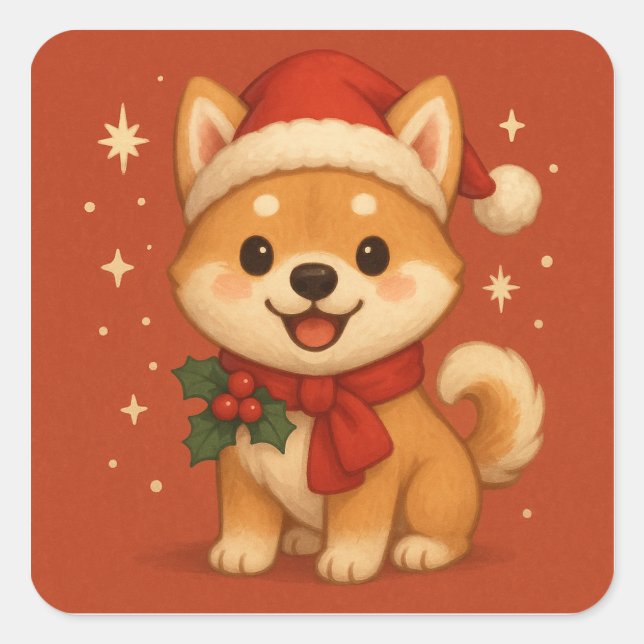 Cute Christmas Puppy Square Sticker (Front)