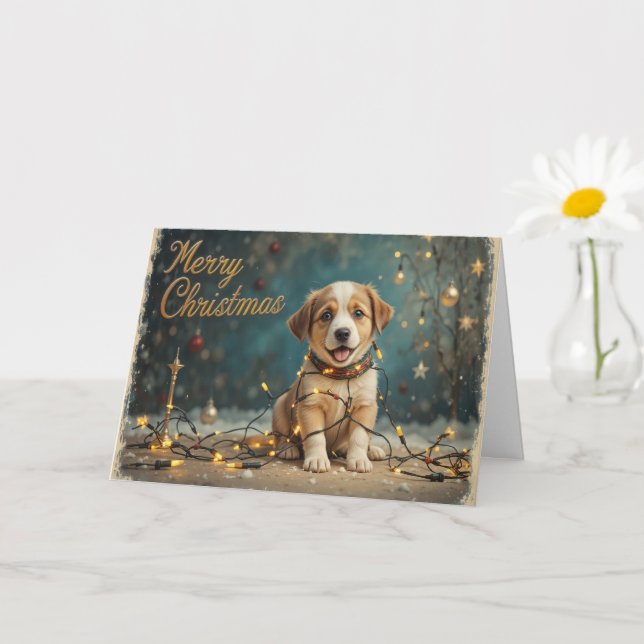 Cute Christmas Puppy with Lights Adorable Holiday  Card (Small Plant)