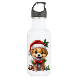 Cute Christmas Puppy with Santa Hat and Bow 532 Ml Water Bottle