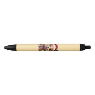 Cute Christmas Puppy with Santa Hat and Bow Black Ink Pen
