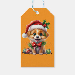 Cute Christmas Puppy with Santa Hat and Bow Gift Tags