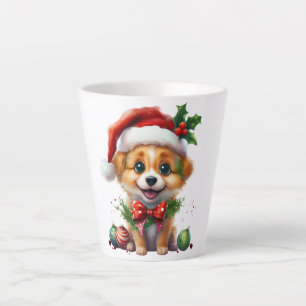Cute Christmas Puppy with Santa Hat and Bow Latte Mug