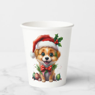 Cute Christmas Puppy with Santa Hat and Bow Paper Cups