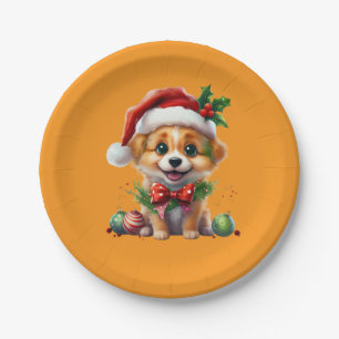 Cute Christmas Puppy with Santa Hat and Bow Paper Plate