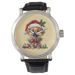 Cute Christmas Puppy with Santa Hat and Bow Watch