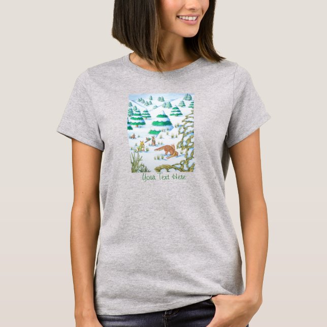 Cute christmas rabbit and fox snow scene t-shirt (Front)