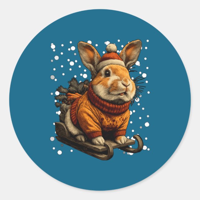Cute Christmas Rabbit Sledding In Snow Funny Winte Classic Round Sticker (Front)