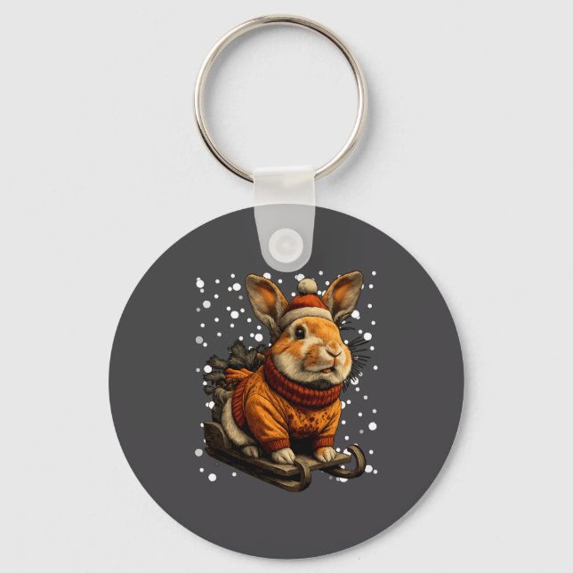 Cute Christmas Rabbit Sledding In Snow Funny Winte Key Ring (Front)