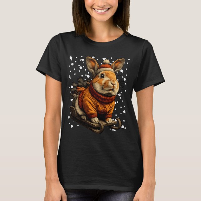 Cute Christmas Rabbit Sledding In Snow Funny Winte T-Shirt (Front)