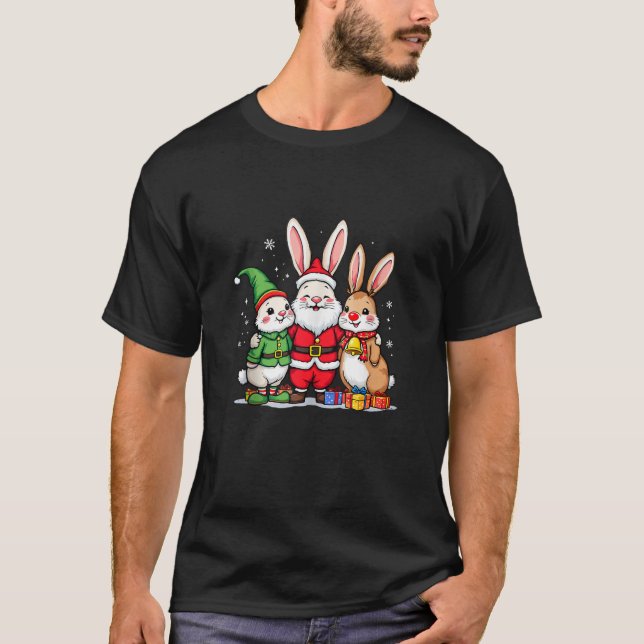 Cute Christmas Rabbits in Santa Elf and Reindeer C T-Shirt (Front)