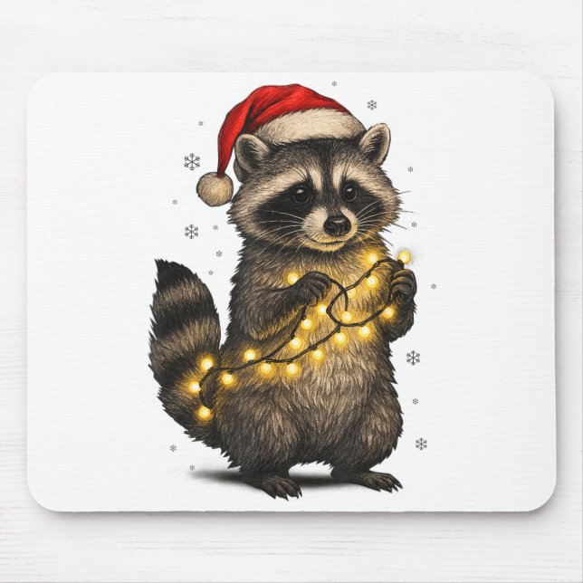 Cute Christmas Raccoon Funny Holiday Lights Animal Mouse Pad (Front)
