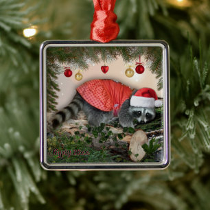 Cute Christmas Raccoon in Dress and Santa Hat Metal Ornament