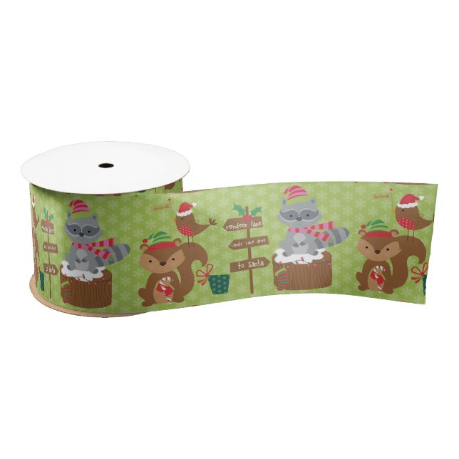 Cute Christmas Racoon and Squirrel &  Snowflakes Satin Ribbon (Spool)