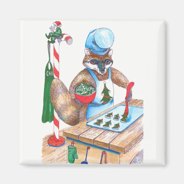 Cute Christmas Racoon Culinary Chef Designed Magnet (Front)