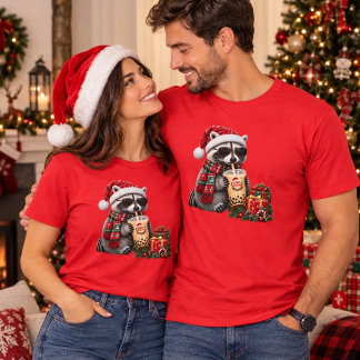 Cute Christmas Racoon with Gifts and Hot Cocoa T-Shirt