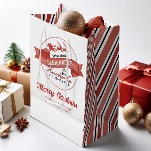 Cute Christmas Red and White Custom Medium Gift Bag (Merry Christmas holiday gift bag with retro vintage style.)