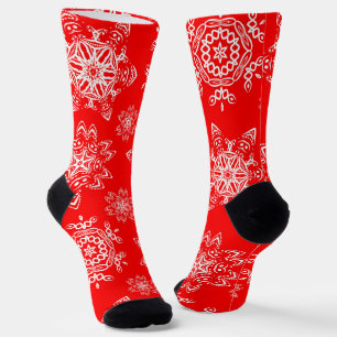 Cute Christmas Red and White Snow Flakes Pattern Socks