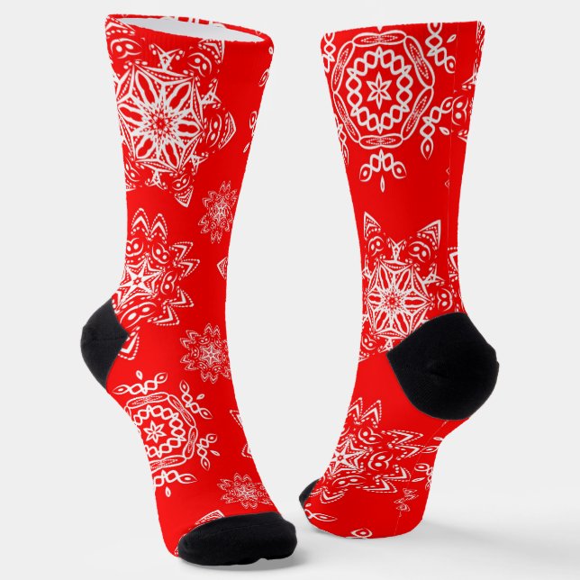 Cute Christmas Red and White Snow Flakes Pattern Socks (Angled)