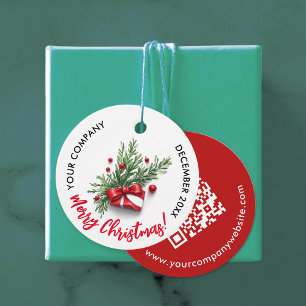 Cute Christmas Red Bow Company QR Code Watercolor Favour Tags