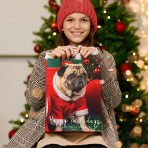 Cute Christmas Red Dog Pet Family Photo Medium Gift Bag