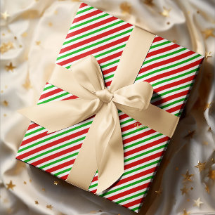 Cute Christmas Red Green White Stripes Gold Text Wrapping Paper