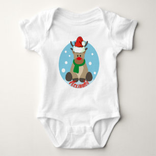 Cute Christmas Red Nose Reindeer with Santa's Hat Baby Bodysuit
