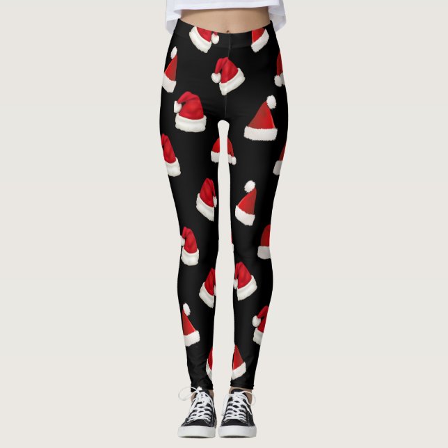 Cute Christmas Red Santa Hat Pattern on Black Leggings (Front)