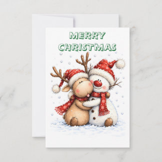 Cute Christmas Reindeer and Snowman Hug Thank You Card