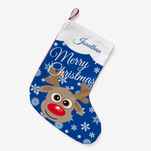 Cute Christmas Reindeer Blue White Script Name Small Christmas Stocking