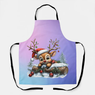 Cute Christmas Reindeer Card with Ornaments Apron