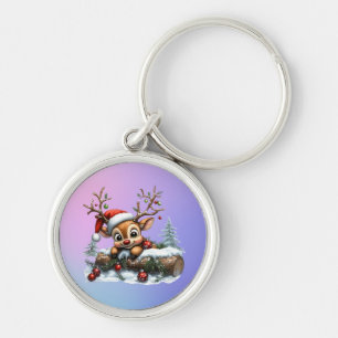 Cute Christmas Reindeer Card with Ornaments Key Ring