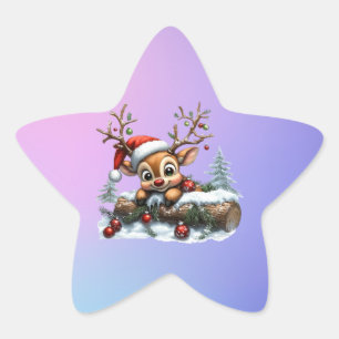Cute Christmas Reindeer Card with Ornaments Star Sticker
