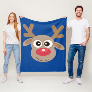 Cute Christmas Reindeer Cartoon Fun Blue Fleece Blanket