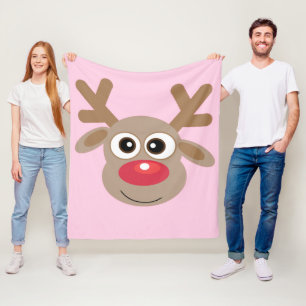 Cute Christmas Reindeer Cartoon Girly Pink Fleece Blanket