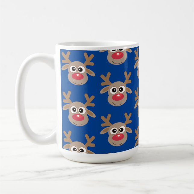 Cute Christmas Reindeer Cartoon Pattern Blue Coffee Mug (Left)