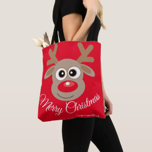 Cute Christmas Reindeer Cartoon Red Tote Bag