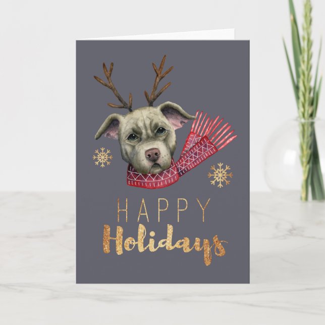 Cute Christmas Reindeer Dog | Happy Holidays Holiday Card (Front)