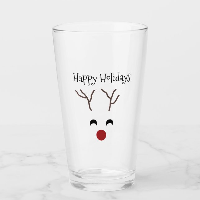 Cute Christmas Reindeer Face Happy Holidays Glass (Front)