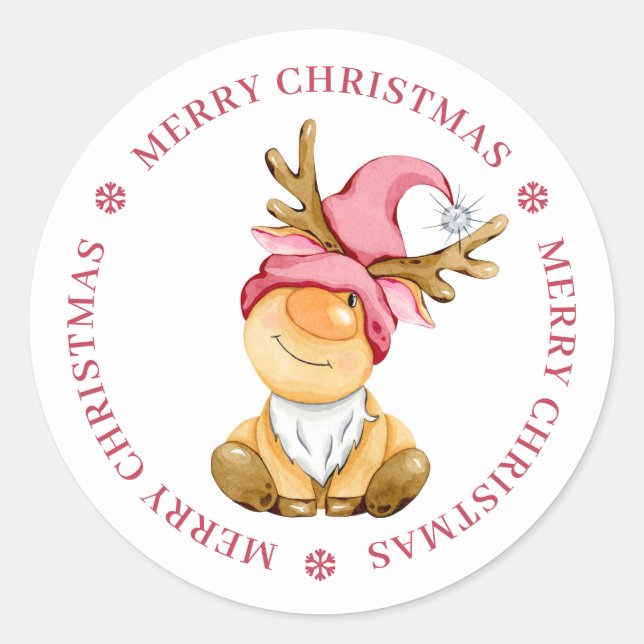 Cute Christmas Reindeer Gnome Personalised Classic Round Sticker (Front)