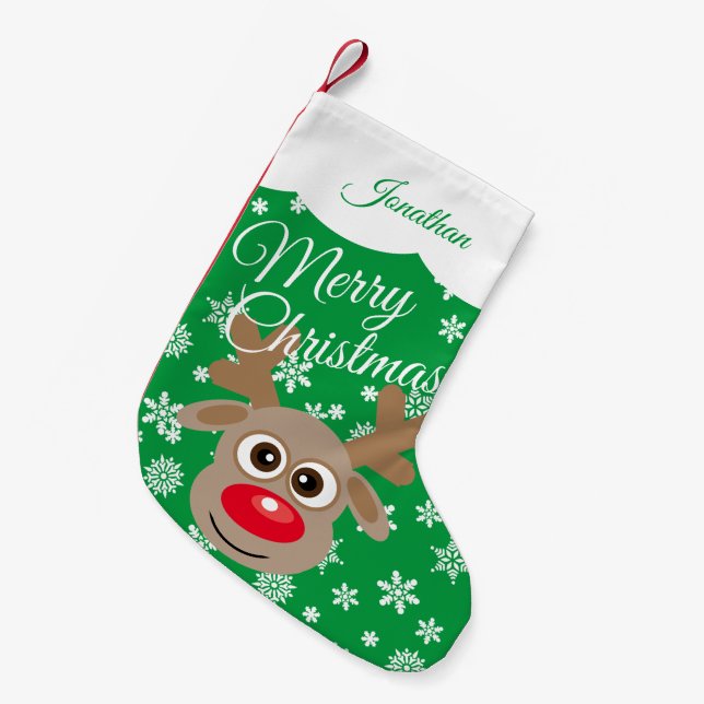 Cute Christmas Reindeer Green White Script Name Small Christmas Stocking (Front (Hanging))
