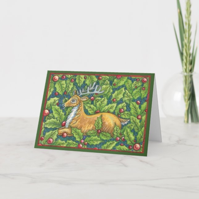 Cute Christmas Reindeer in Forest with Holly Holiday Card (Front)