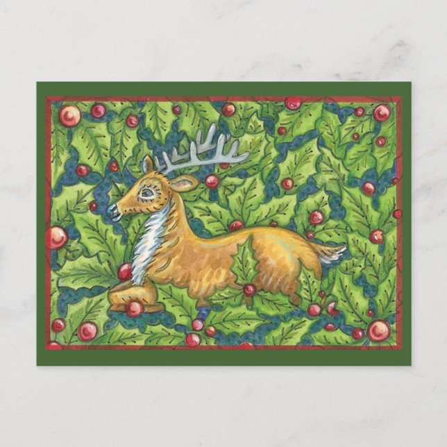 Cute Christmas Reindeer in Forest with Holly Holiday Postcard (Front)