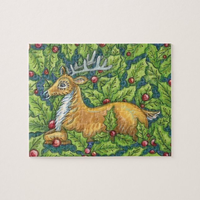 Cute Christmas Reindeer in Forest with Holly Jigsaw Puzzle (Horizontal)