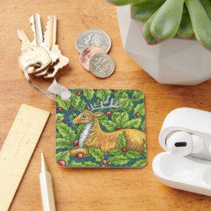 Cute Christmas Reindeer in Forest with Holly Key Ring